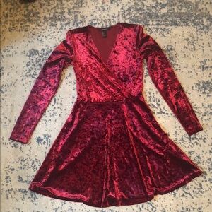 Crushed Velvet Faux Wrap-Style Dress in Rich Wine Red
